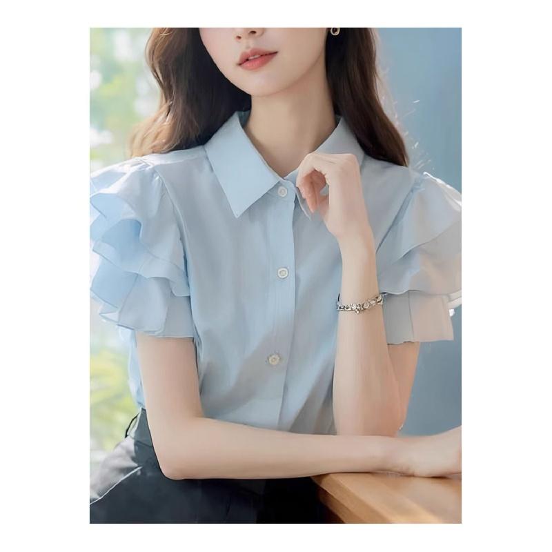 Product Introduction of (in Stock) European Goods Beautiful Fashion Casual Temperament High-Grade Super Nice Top Blue Ruffled Short Sleeves Women's Shirt Women's Summer Blouse Lingerie 4