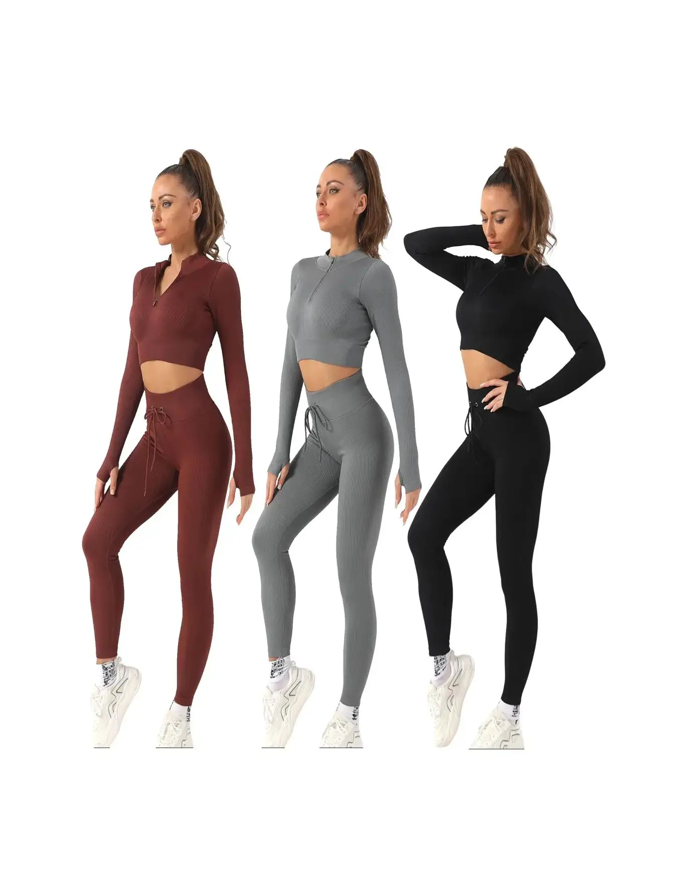 Women's Thin Ribbed Crop Top & Gyatt Leggings Matching Tracksuit Set, Seamless Slim Half Placket Thumbs Hole Tee & High Waist Gym Gyatt Trousers Co-ord Set for Yoga Gym Workout, Workout Clothes