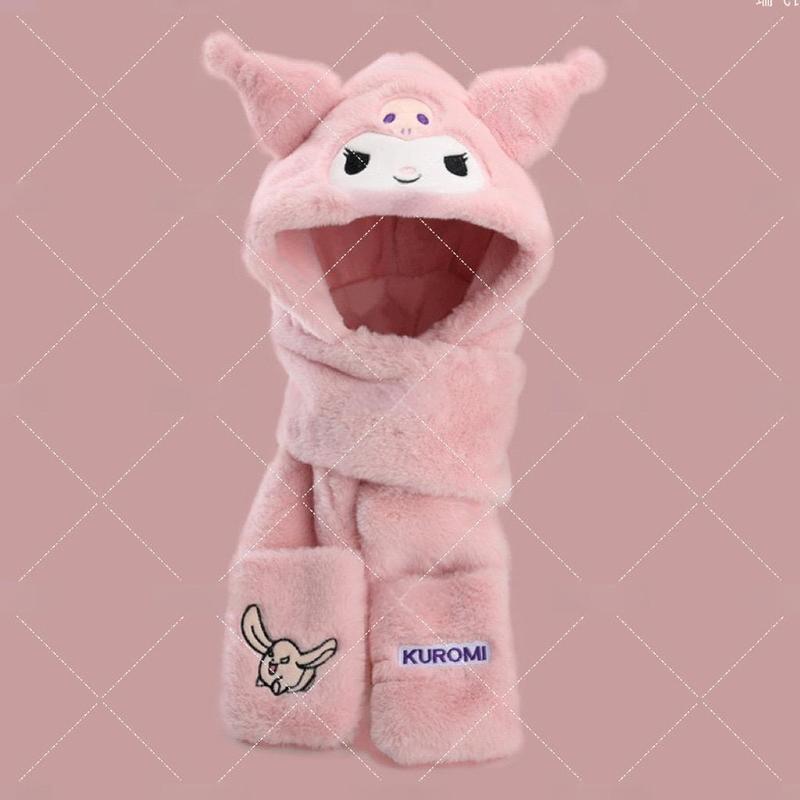 Mũ Lông Cừu 3in1 Hoạ Tiết  Kuromi Siêu Kute Mũ Kèm Khăn Quàng Cổ Và Sỏ Tay Kiểu Dáng Hàn Quốc Women Hoa 8