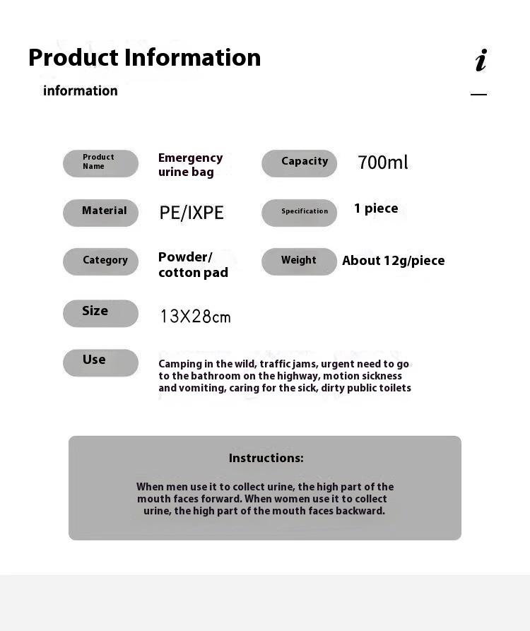 Product Introduction of Emergency Urine Bag Portable Urine Artifact Travel Men and Women Available Convenient Plastic Bag Car Disposable Urine Bag 0