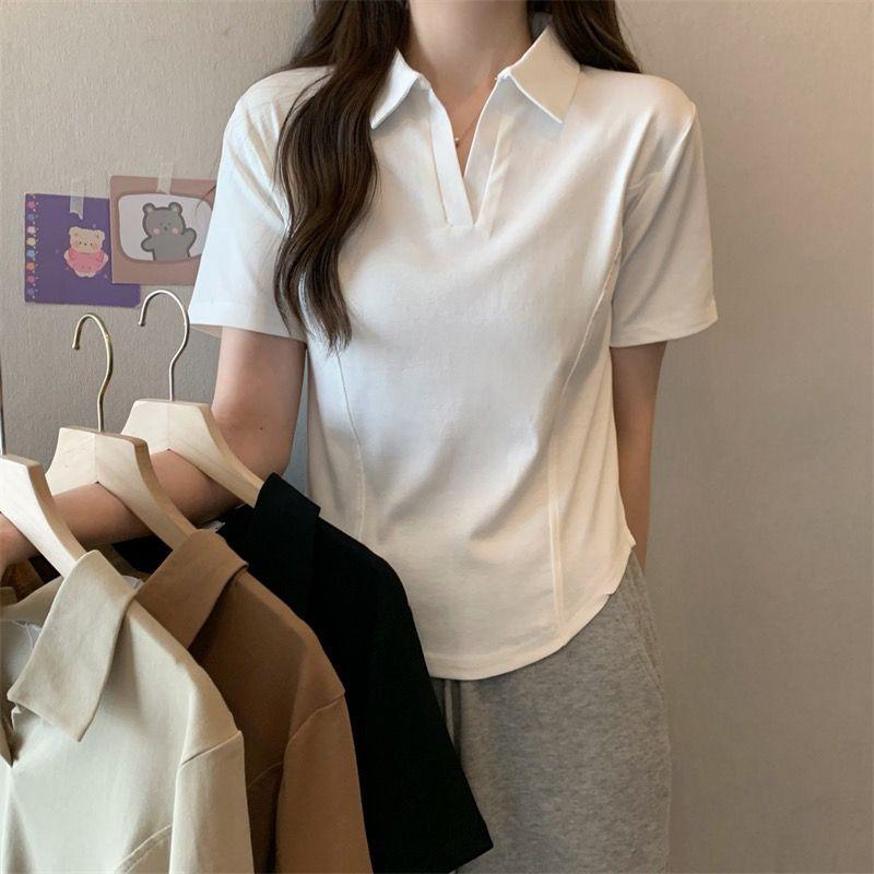 Product Introduction of Summer New Korean Style Polo Collar Solid Color Short-Sleeved Top for Women Slim Casual All-Match T-shirt Women 4