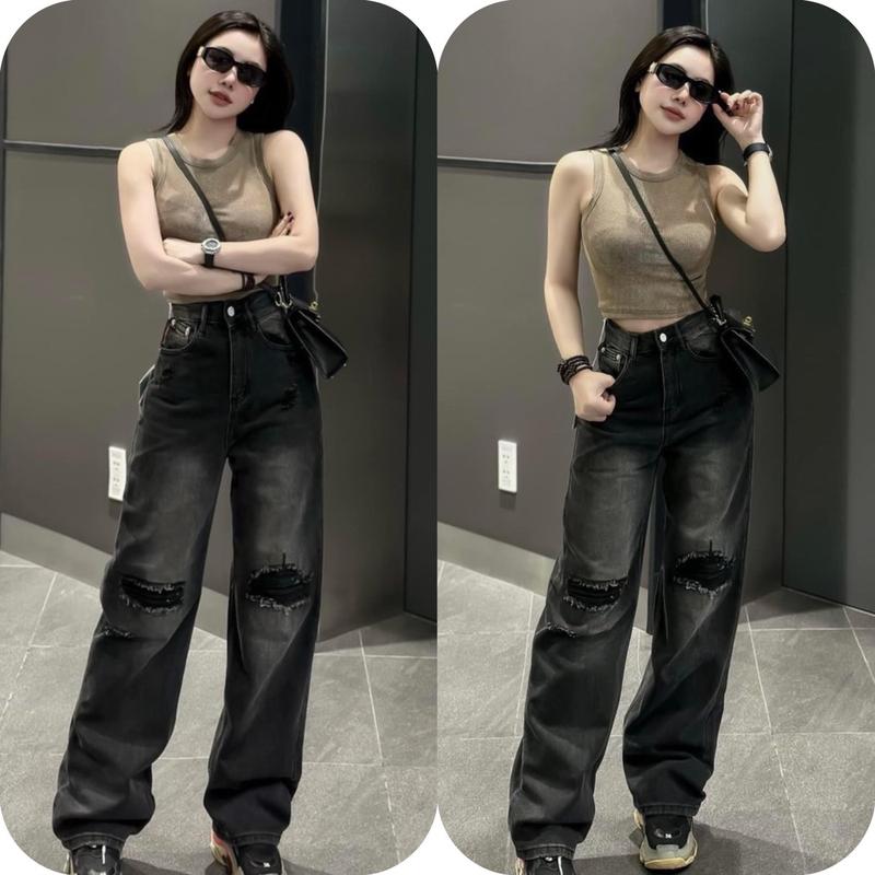 Kang (S-2Xl) Quần Jeans Suông Rách Màu Đen Wash 2 bênWomen Pants 0