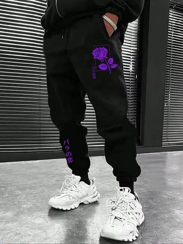 Men's Floral  Print Drawstring Waist Jogger Pants, Casual Regular Fit Pocket Elastic Waist Trousers for Fall & Winter, Men's Bottoms for Daily Wear 0