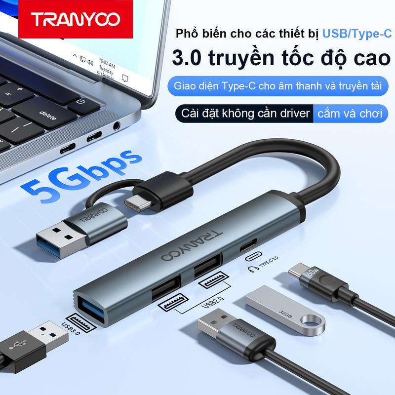 Hub type C USB HB11-AC 3.0 mở rộng 4 port Tranyoo cáp cổng chuyển đổi 2 đầu in 1 cho máy tính laptop máy in