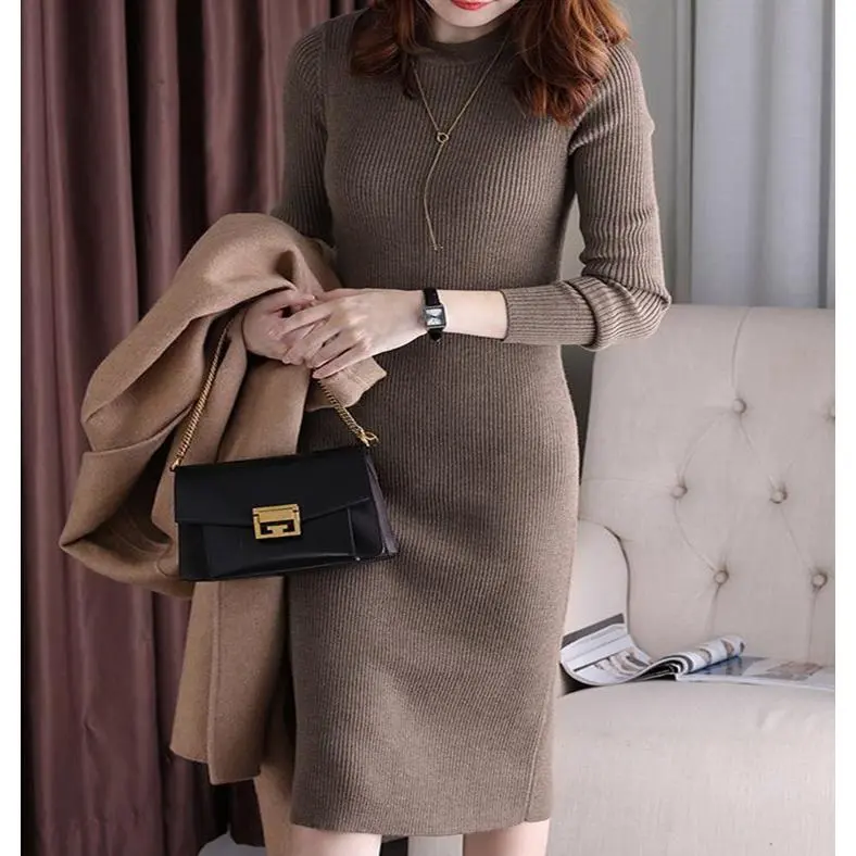 Váy Màu Trơn Mới Cho Nữ, Phong Cách Hàn Quốc, Phong Cách Phương Tây, Dáng Ôm, Giảm Béo, Đồ Lót Nữ, Áo Chui Đầu, Giả Dệt Kim, Mùa Thu Và Mùa Đông