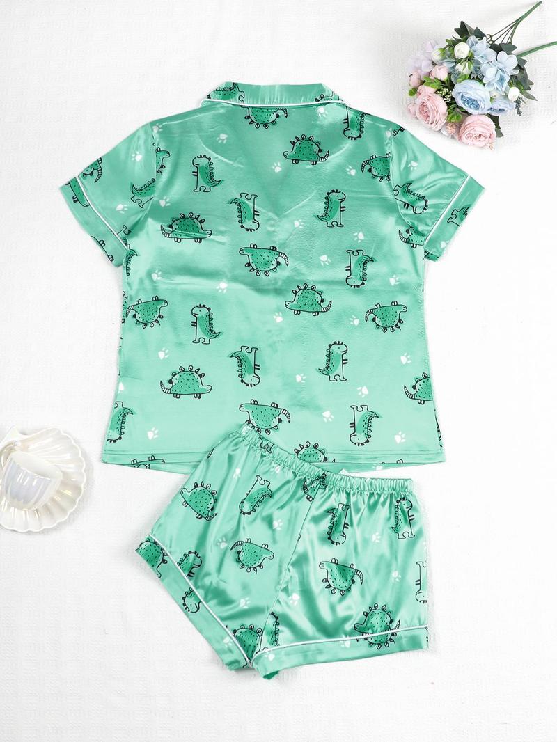 Product Introduction of Two-piece Set Women's Cartoon Dinosaur Print Top & Shorts Satin Pyjama Set, Cute Comfy Pocket Short Sleeve Top & Shorts Pj Set, Ladies Summer Sleepwear, Pajamas 6