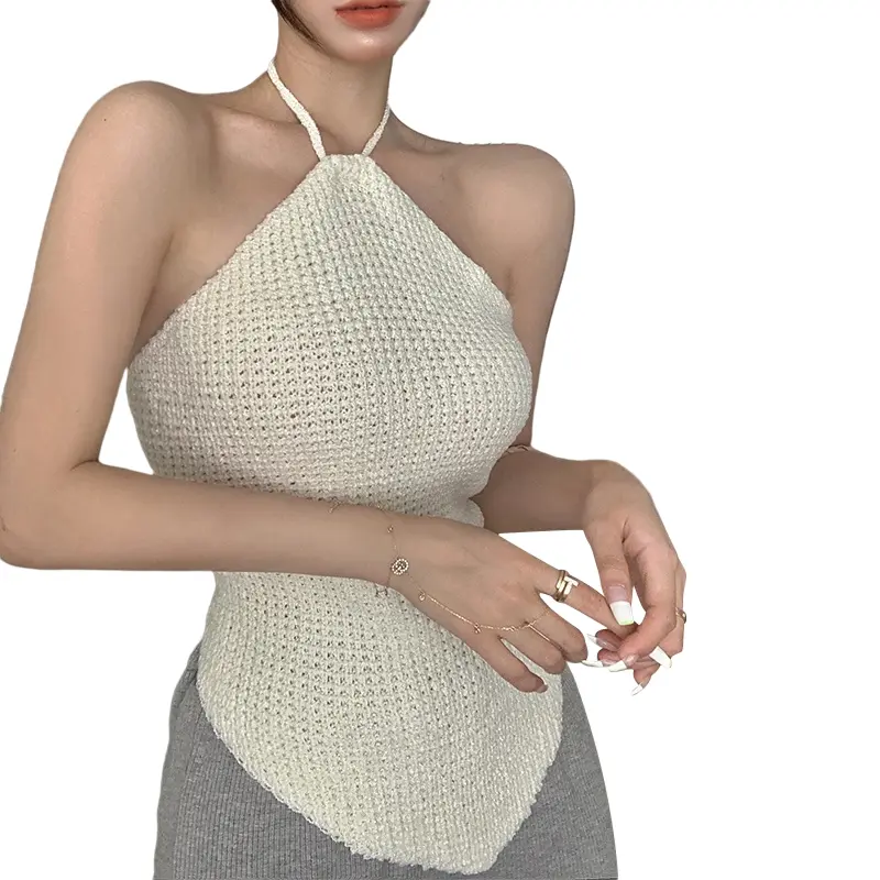 Women Halter Cami Tops, Summer Sleeveless Tie Backless Solid Color Knitted Camisole