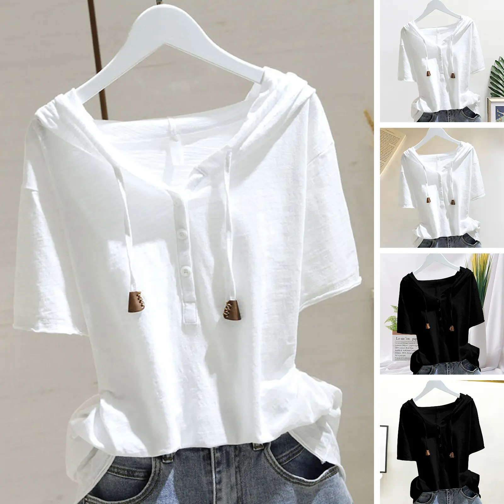 Áo Hoodie Nữ, Tay Ngắn, Có Mũ Trùm Đầu, Dây Rút, Màu Trơn Dáng Rộng Vừa Vặn, Mềm Mại Và Thường Ngày, Áo Áo Chui Đầu, Thoáng Khí, Thích Hợp Cho Mùa Hè, [LM]