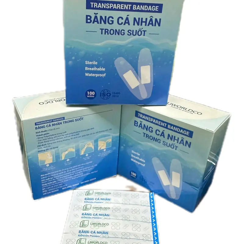 Băng dính cá nhân trong suốt hộp 100 miếng bản nhỏ 1,9x6,0cm không thấm nước dán chắc thông thoáng dùng trong sơ cứu sinh hoạt hằng ngày. 2