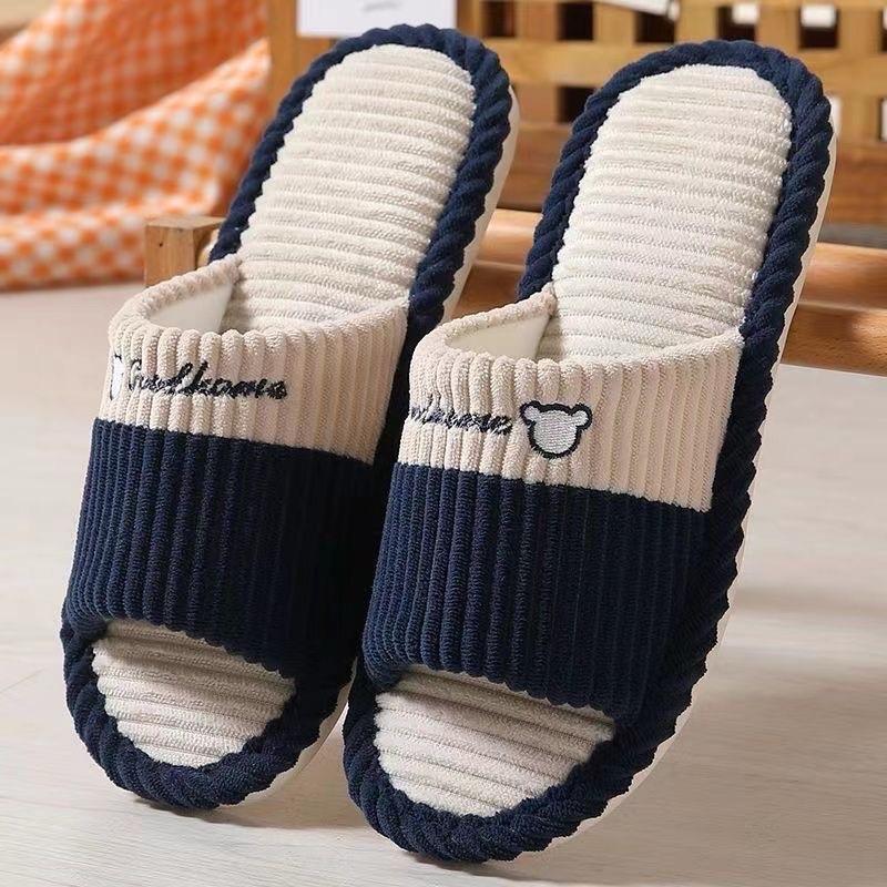 ￼Dép Đi Trong Nhà Mùa Đông , Dép Vải Lanh Kẻ Ngang Đế Cao Su Chống Trơn Trượt Thời Trang DéP Dép Lê Slipper Jean Hoa Nữ Có Quai 6