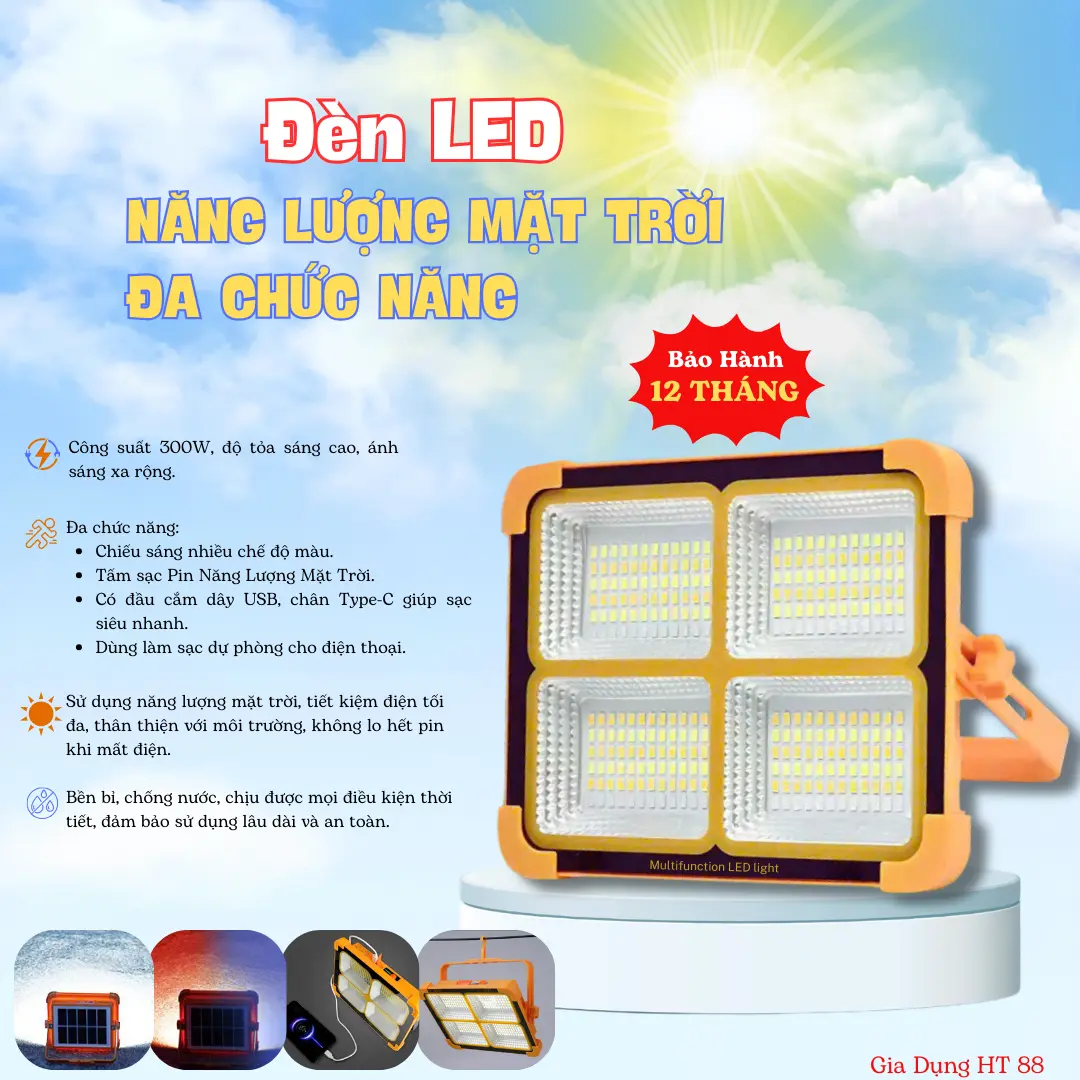 Đèn Năng Lượng Mặt Trời Đa Năng Cầm Tay 300W - Chính Hãng - Bảo Hành 1 Năm