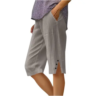 Summer Fashion Women 2025 Women's Linen Capri Pants - High Waisted Wide Leg Cropped Trousers With Pockets Knee Length Shorts High Waisted Wide Leg Trousers