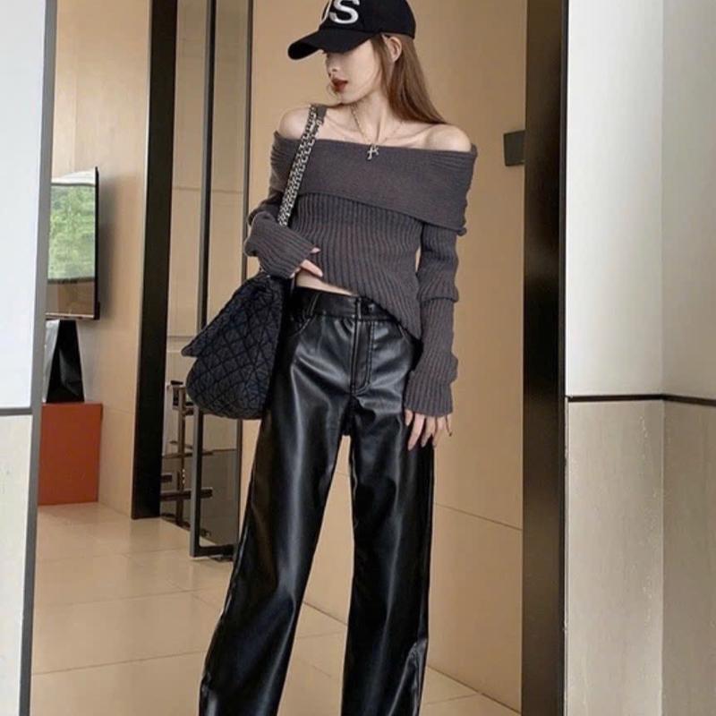 Quần da dài dáng suông Nữ Dáng Dài - Màu đen - Women , dài 102 cm quần da ống rộng