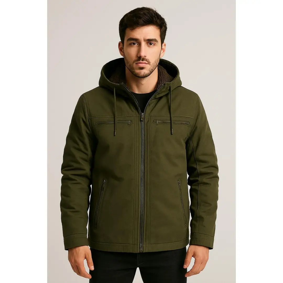 Jaqueta Sarja Masculina Com Capuz Removível Forrado