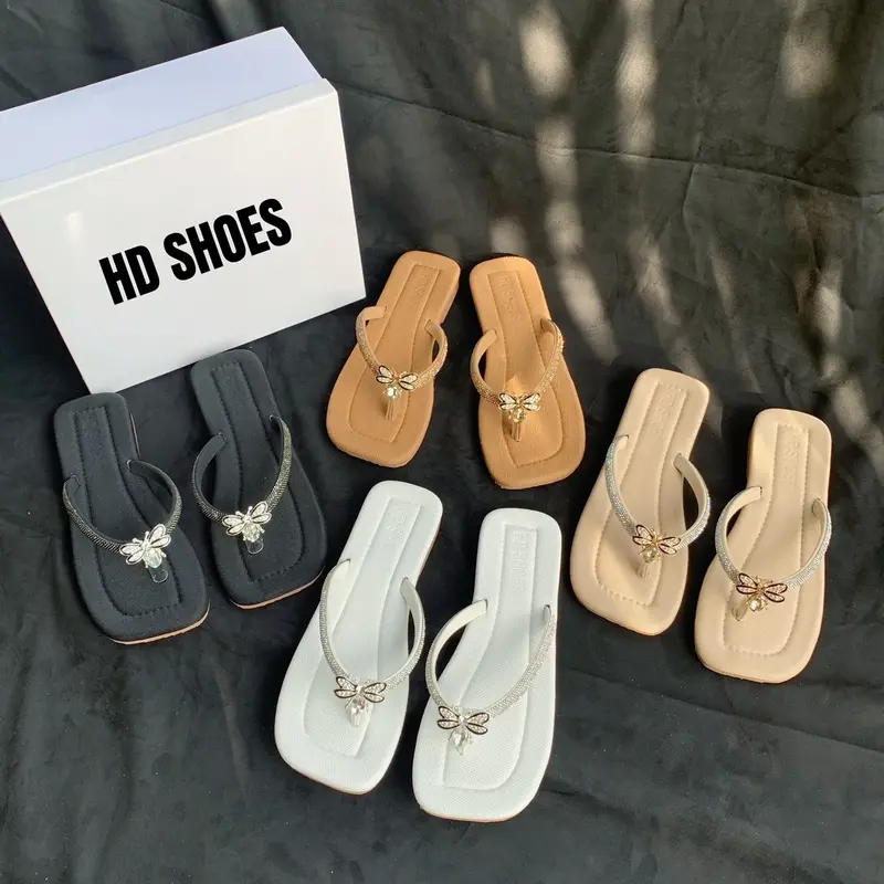 [ T42] Dép Bệt HD SHOES- Dép kẹp quai đá xoàn sáng dày dặn  đính nơ đá sang xịn, đế TPR chống trơn trượt Nữ DéP GiàY Đồng Sandal Nhung 1