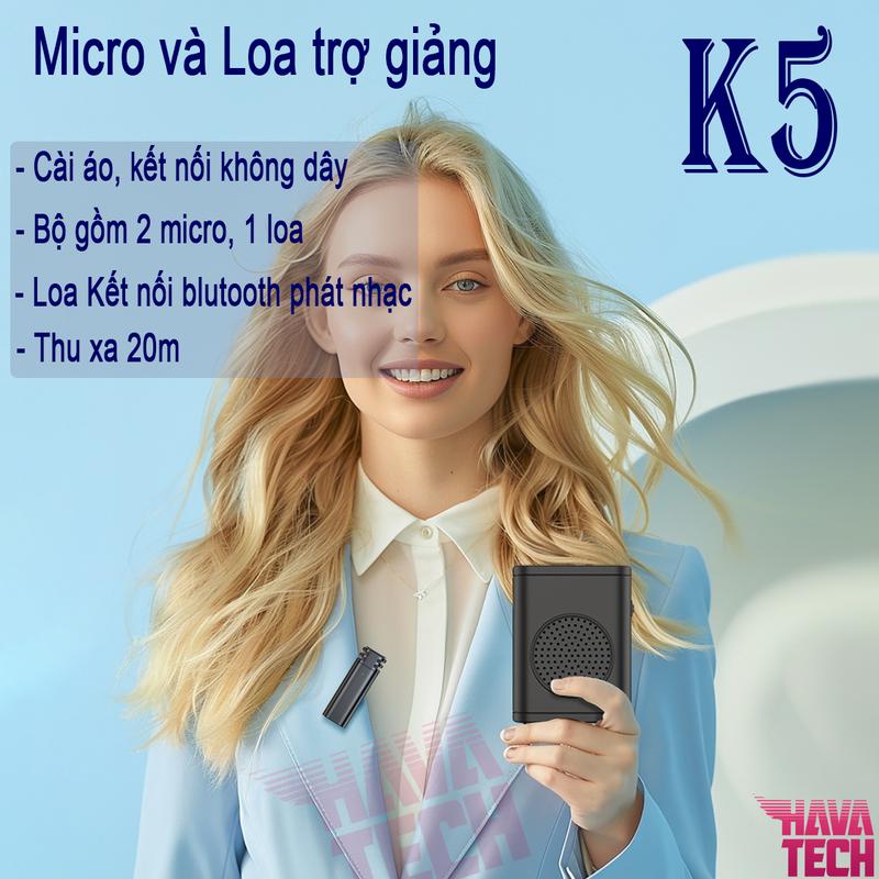 Loa trợ giảng K5 và micro cài áo kết nối không dây, sử dụng dậy học, hội họp văn phòng, giúp khuyếch đại đam thanh to và rõ ràng