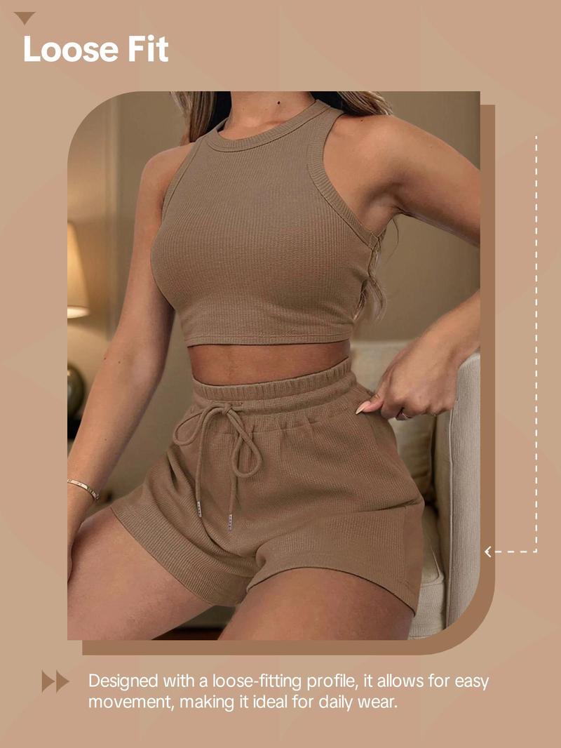 Product Introduction of Women's Solid Crop Tank Top & Shorts Two-piece Set, Casual Fashion Cozy Two Piece Outfits for Daily Outdoor Wear, Ladies Clothes for Summer, Tracksuit 5
