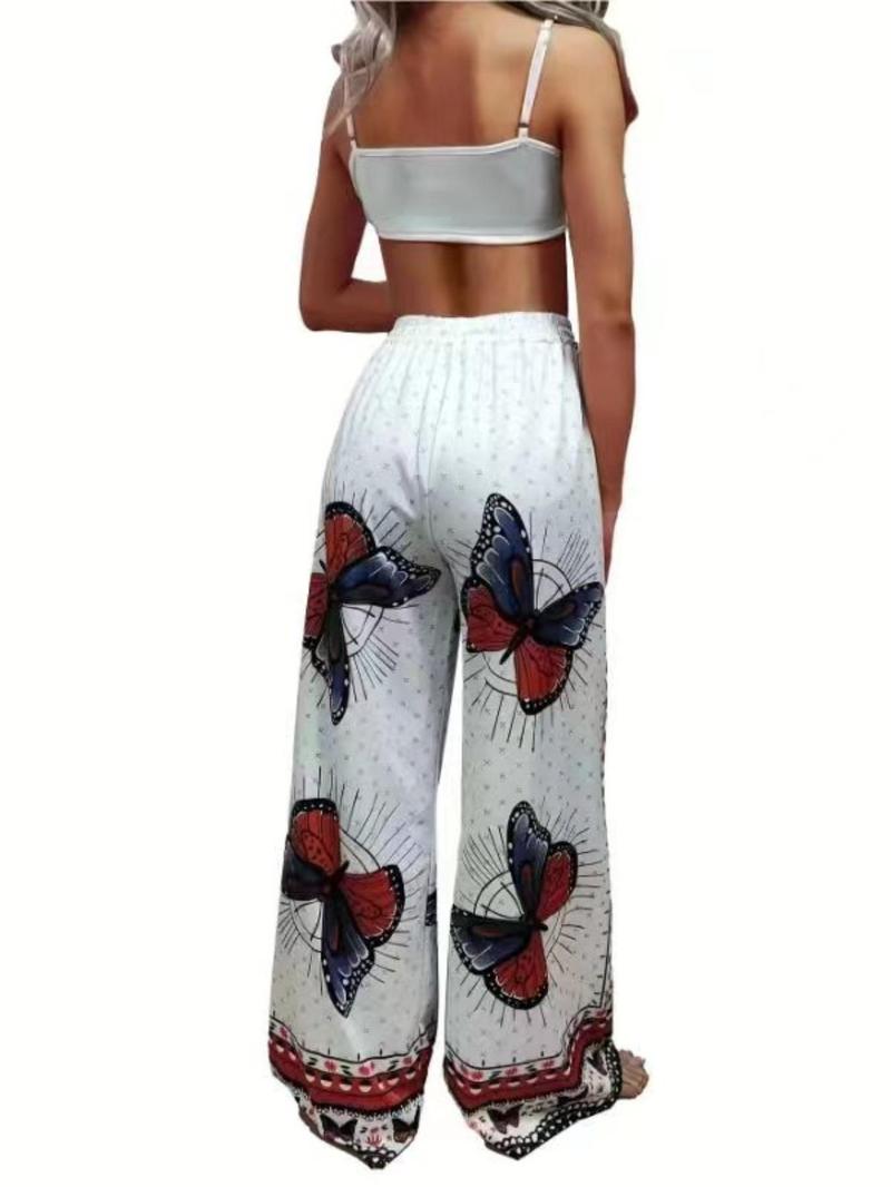 Product Introduction of Women's Butterfly Print Crop Cami Top & Tie Front High Waist Pants Set, Boho Spaghetti Strap Ruched Top & Wide Leg Pants, Ladies Summer Clothes 6