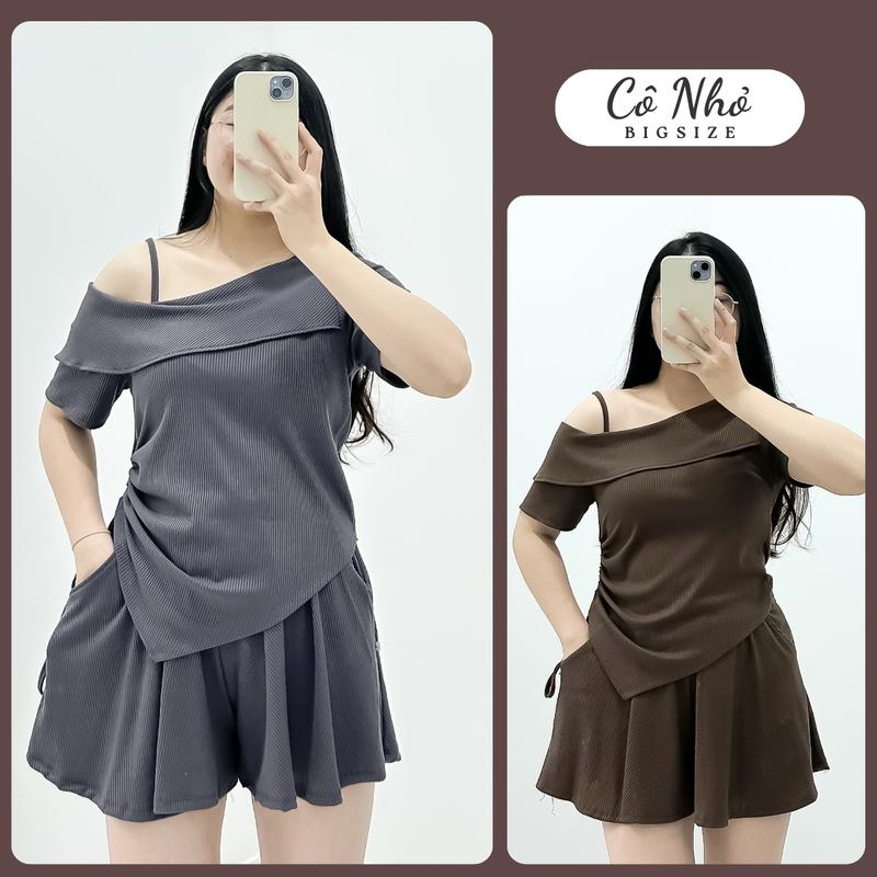 Set Đồ Nữ Bigsize Áo Trễ Vai Vạt Chéo Eo Che Bụng Kèm Quần Đùi Xòe Lưng Chun Vải Thun Gân SET823 Women Kem