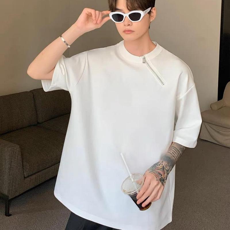 Mẫu áo thun nam basic tee phối ZIP khoá đơn giản nhưng sang trọng, rất dễ phối đồ, khách có thể tự cắt zip. Menswear Cổ Tròn Nhung Cat