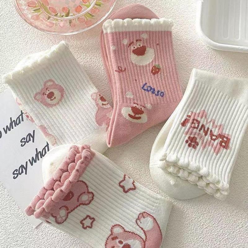 Product Introduction of sét 10 đôi Vớ cổ cao hình gấu dâu LOSTO dễ thương  - Tất cao cổ hoạ tiết gấu hồng co giãn Nữ Voi Voan Women 14