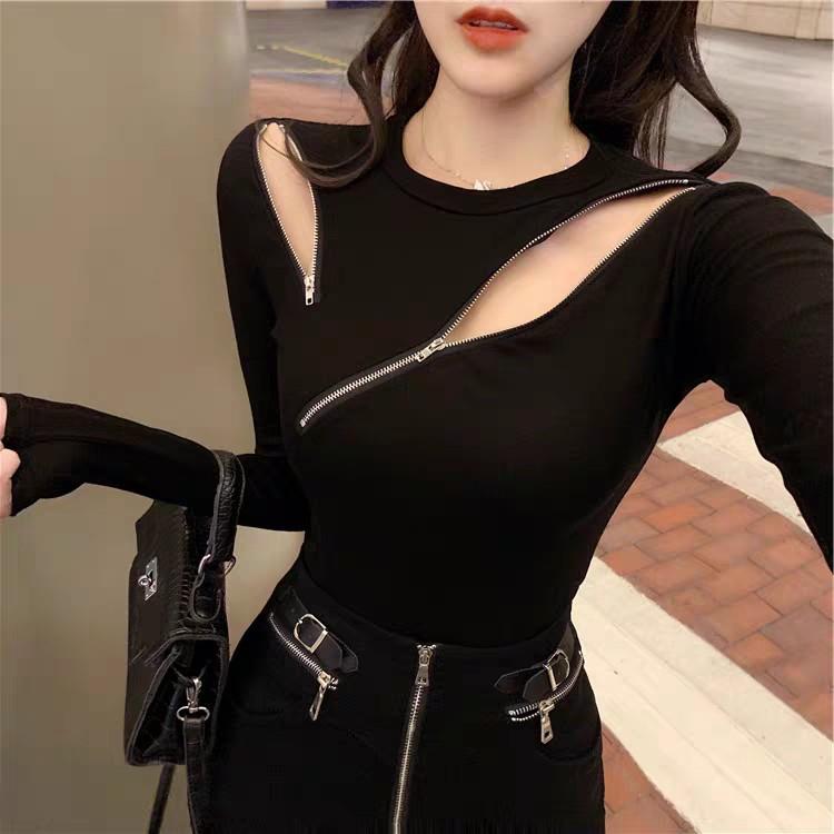 áo len nữ croptop  cổ tròn 2 khoá cá tính ( video tự quay)