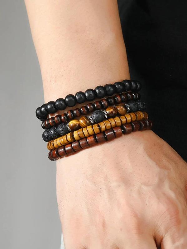 5pcs/set Simple Wooden Beaded Bracelet, Casual All-match Trendy Bracelet Jewelry for Daily Wear, Casual Fashion Bracelets for Men & Women, Gifts for Wife 2