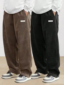 Men's Letter Patched Corduroy Pants, Casual Comfy Loose Straight Leg Trousers for Spring & Fall, Fashion Men's Bottoms for Daily Wear