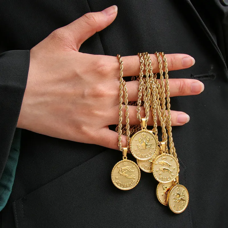 Exquisite 316 Titanium Steel Twelve Constellation Necklace Gold Plated Round Brand Coin Personality Ins Constellation Pendant
