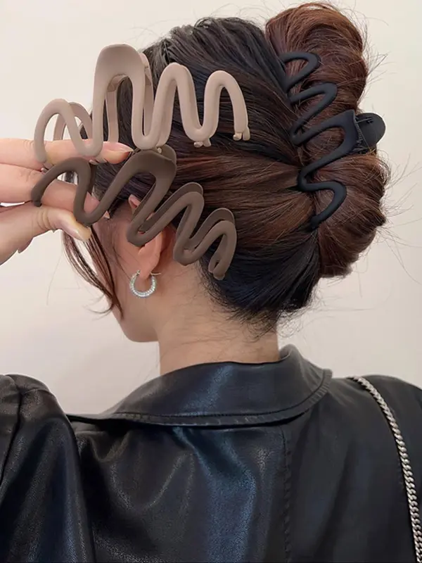 Modern Plain Color Wave Shape Design Hair Claws, 3pcs Casual Versatile Wavy Large Hair Claws for Daily Wear, Simple Style Fashion Hair Accessories for Women & Girls 0