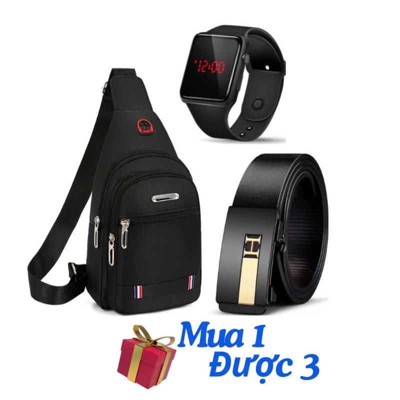 COMBO 3 món: Túi Đeo Chéo vải canvas+ Đồng Hồ Led+ Thắt Lưng Da khóa tự động- Bag Nhiều Ngăn Đeo Chéo Khóa kim loại tự động Style Hàn Quốc