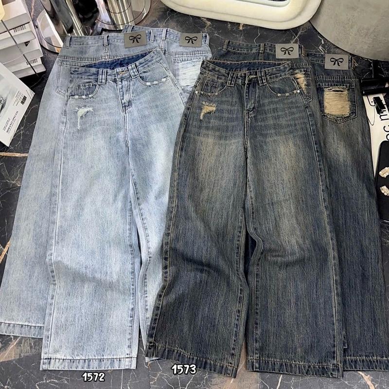 | S006 |- Quần Jean Nữ SUÔNG TEM NƠ Dáng Baggy 9 Tấc Không Co Giãn Pants Denim