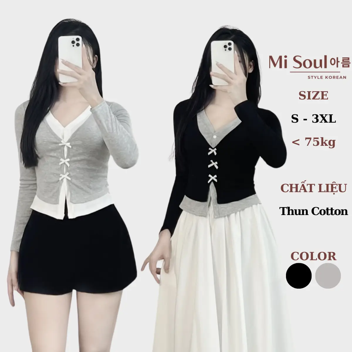 Áo Thun Cotton Dài Tay Cổ Tim Đính Nơ 2 Lớp Điệu Đà Form Ôm BigSize MiSoul, Áo Dài Tay Cổ Tim Đính Nơ 351 Nữ Top