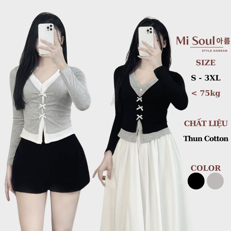 Áo Thun Cotton Dài Tay Cổ Tim Đính Nơ 2 Lớp Điệu Đà Form Ôm BigSize MiSoul Áo Dài Tay Cổ Tim Đính Nơ 351 Nữ Top