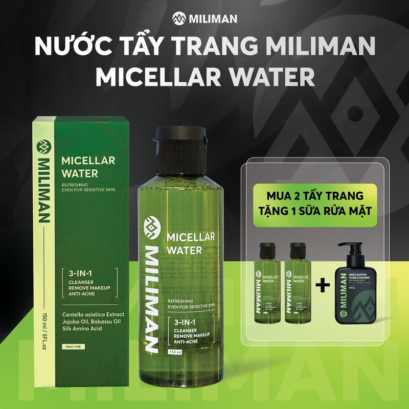 [MỚI] Nước Tẩy Trang MILIMAN 150ML Công Nghệ Micellar Water Chiết Xuất Rau Má, Tràm Trà  Cho Da Dầu, Hỗn Hợp - Mua 2 Chai Tặng 1 Sữa Rửa Mặt Full Size 150ML Cosmetic