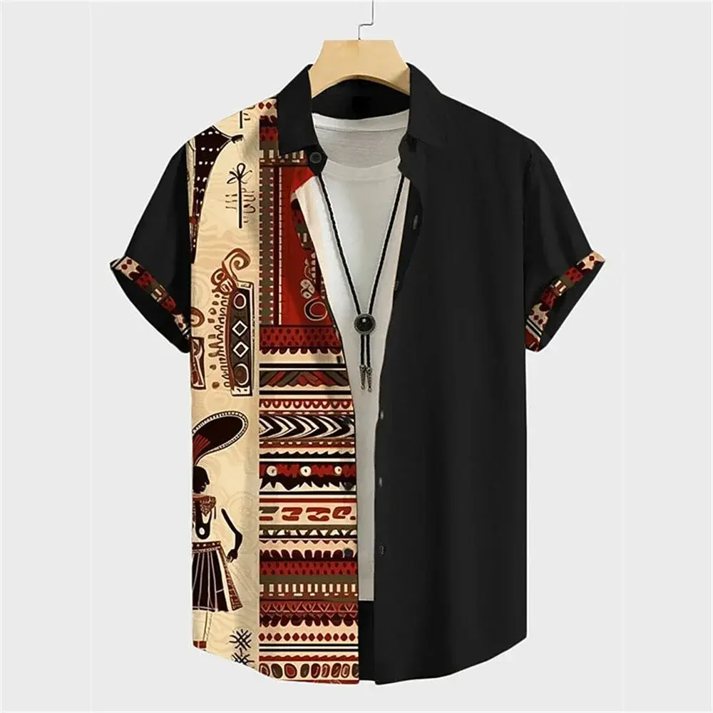 Men's summer retro ethnic style pattern print 3D button holiday luxury clothing casual short sleeved shirt top