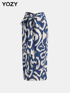 YOZY Women's All Over Print Knot Front Split Hem Skirt, Elegant Fashion Elastic Waist Skirt for Daily Outdoor Wear, Ladies Bottoms for All Seasons