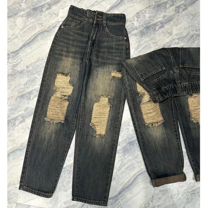 [01] Quần Jeans Baggy Lưng Chun 2 Khuy Rách 2 bên màu Bụi Có Túi Pants 3