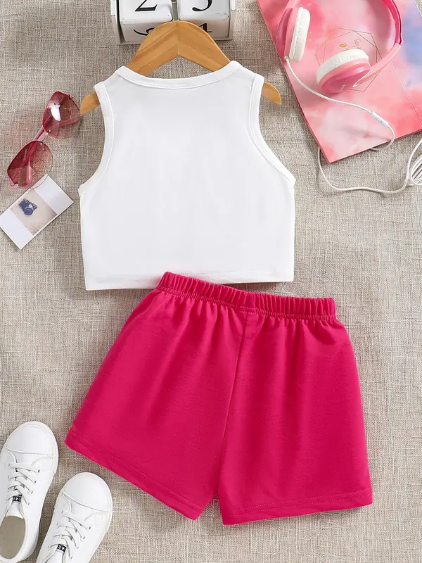 Girl's Letter Print Tank Top & Elastic Waist Shorts Two-piece Set, Casual Sleeveless Top & Shorts for Summer, Kids Clothes for Daily Wear 1