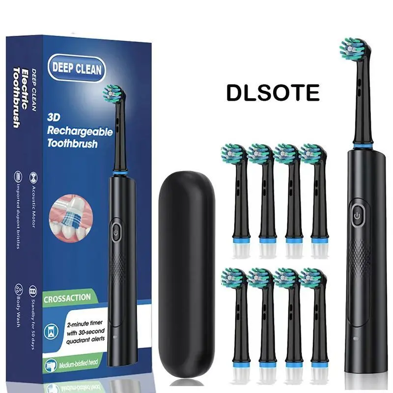 Rotating Electric Toothbrush Black White for Adults with 4 Brush Heads Deep Clean with Rechargeable Power and 2 Min Smart Timer