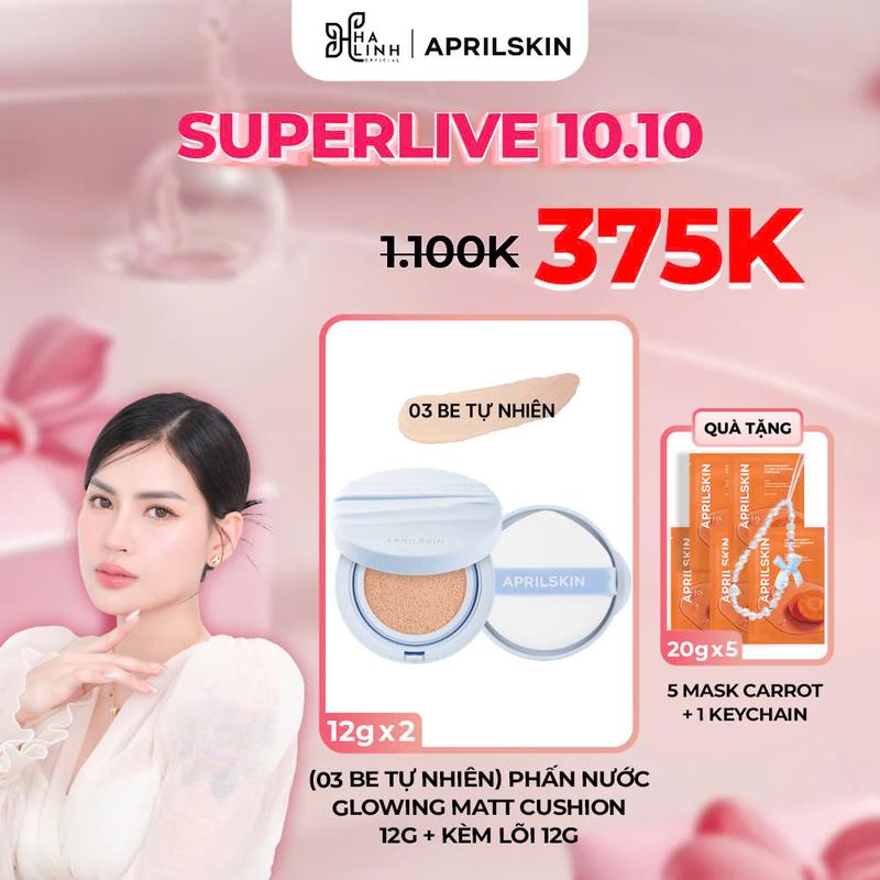 CFV-[Võ Hà Linh x APRILSKIN] [03 Be tự nhiên] Phấn Nước Glowing Matt Cushion 12g + Kèm lõi 12g (Tặng móc treo keychain + 5 mặt nạ carot 20gx5)