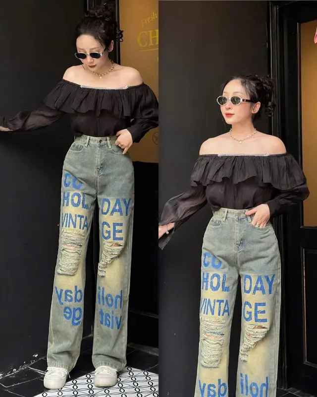 Quần Jeans Nữ Dáng Suông ,Quần Bò In Chữ Rách Kiểu Lưng Cạp Cao Chất Vải Dày Dặn Cao Cấp Chuẩn Đẹp Women Pants Kem 5