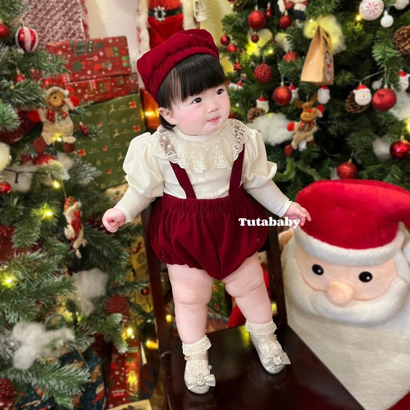 Bodysuit Cho Bé Set 3 Chi Tiết Body Chất Nhung Đỏ Mềm Phối Áo Tay Bồng Len Nhung Trắng Và Mũ Nồi, Body Cho Bé 3-11kg