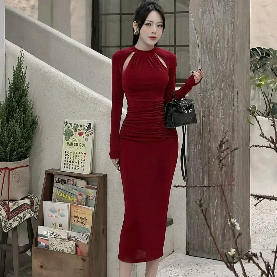 Đầm body dáng dài cổ tròn khoét vai tay dài Thông thường Ôm gọn Trơn Nữ Women