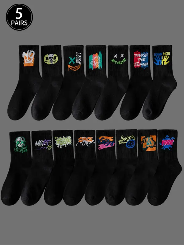 Unisex's 5 Pairs Random Print Crew Socks, National Day Offers, Casual Moisture Wicking Socks, Soft Comfy Breathable Socks for All Seasons Daily Wear, Socks for Women 6