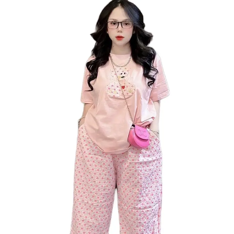 ĐỒ BỘ NỮ, SET BỘ NỮ ÁO COTTON THÊU GẤU PHỐI QUẦN KATE HỌA TIẾT 3 MÀU BIGSIZE 45-85KG Women Top thường setbo 3mon 3