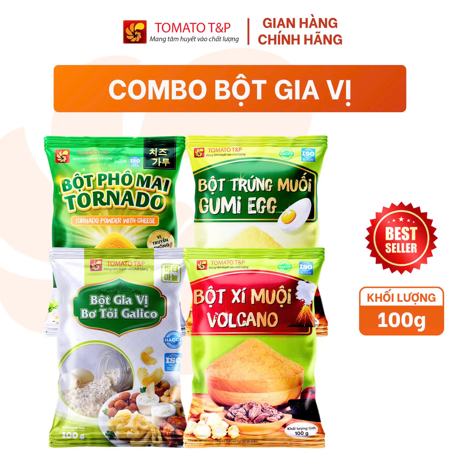 Combo Bột Gia Vị Lắc - 100g - Tomato T&P - Bột PhoMai Tornado, Bột Trứng Muối Gumi Egg, Bột Xí Muội Volcano, Bột Bơ Tỏi Galico.