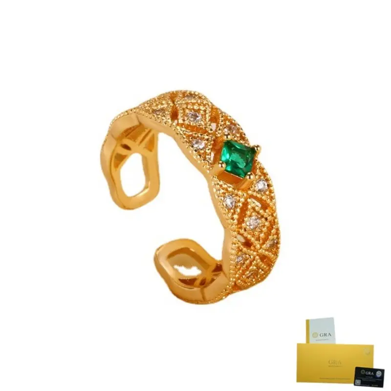[with Gra Certificate]18K Champagne Gold Emerald Ring Hollow Palace Style Green Diamond Ring