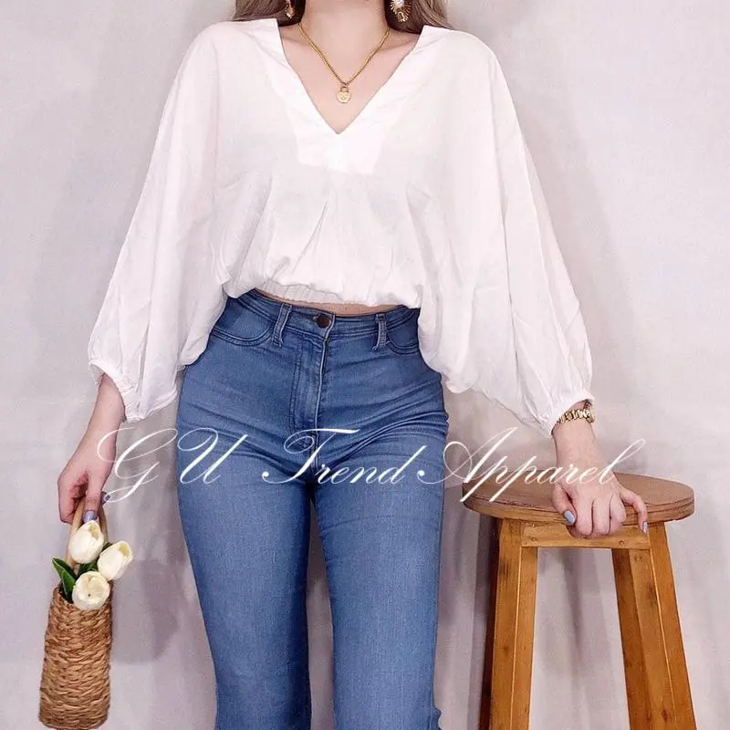 GU Summer V-Neck Batwing Sleeve Top Oversize Challis fabric