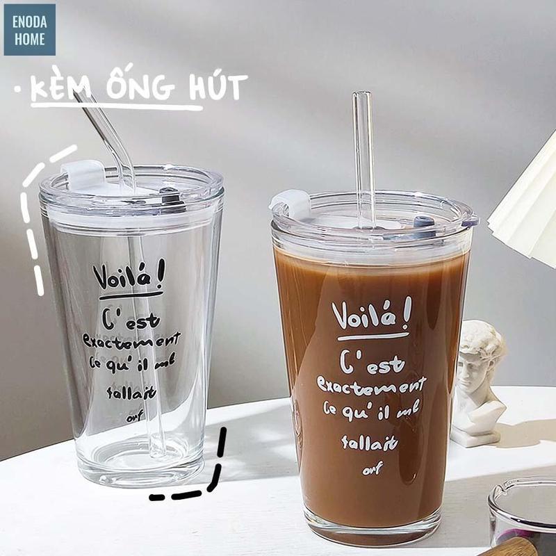 Cốc Thủy Tinh Có Nắp Đậy Kèm Ống Hút , Phong Cách Hàn Quốc Cute Đáng Iu BTT001